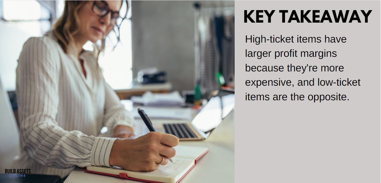 High ticket vs low ticketdifference High-ticket items ave larger profit margins because they're more expensive, and low-ticket items are the opposite.